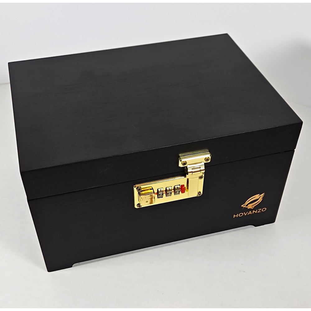 UNUSED HOVANZO Black Wood Cigar Stashbox w/ Gold Combination Lock, Tray & Jars